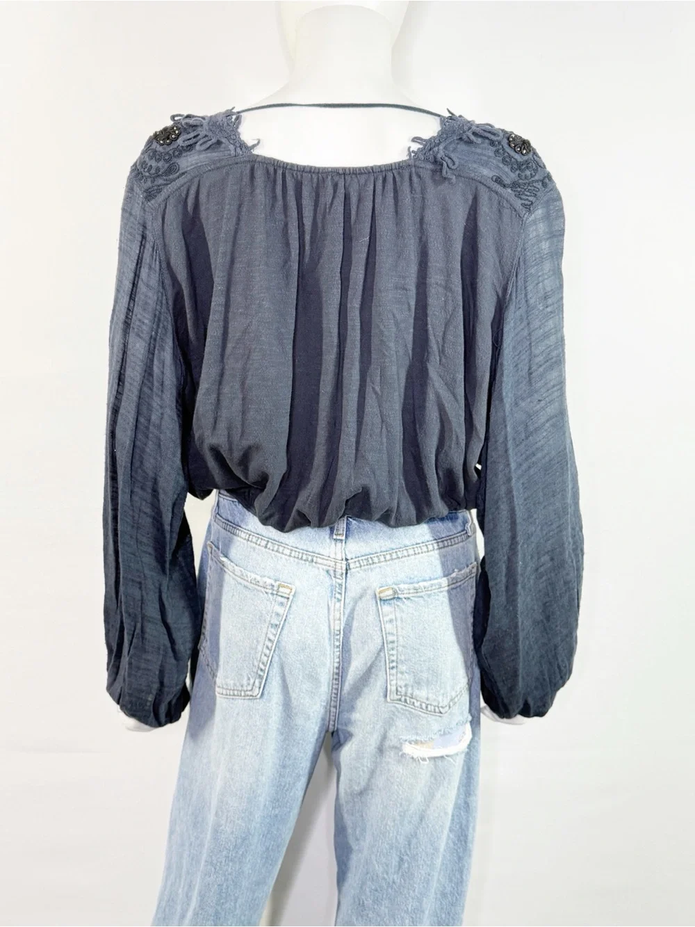 Free People Navy Blue Embroidered Fringe Blouse Boho Peasant Top Size XS V-Neck